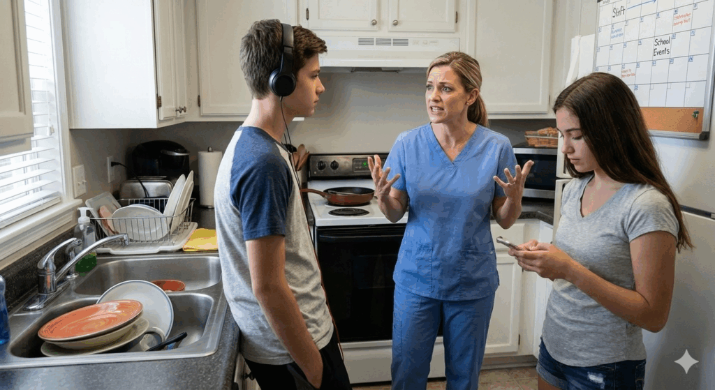 single mother with two teen children, balances long nursing shifts and solo parenting.